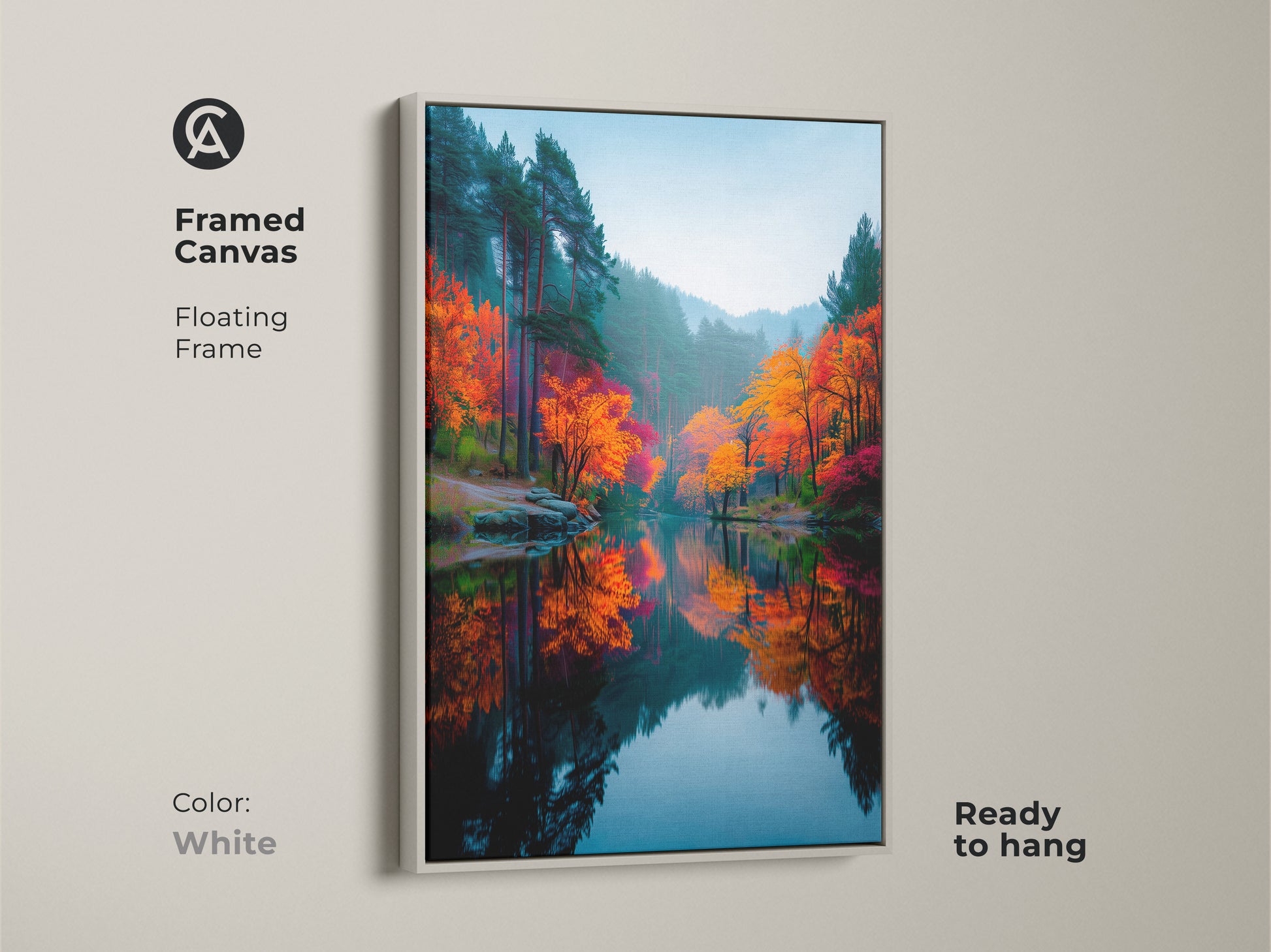 Framed canvas art featuring a stunning autumn forest reflected in a lake. The white floating frame offers a clean modern look. This ready to hang artwork will brighten your living space.