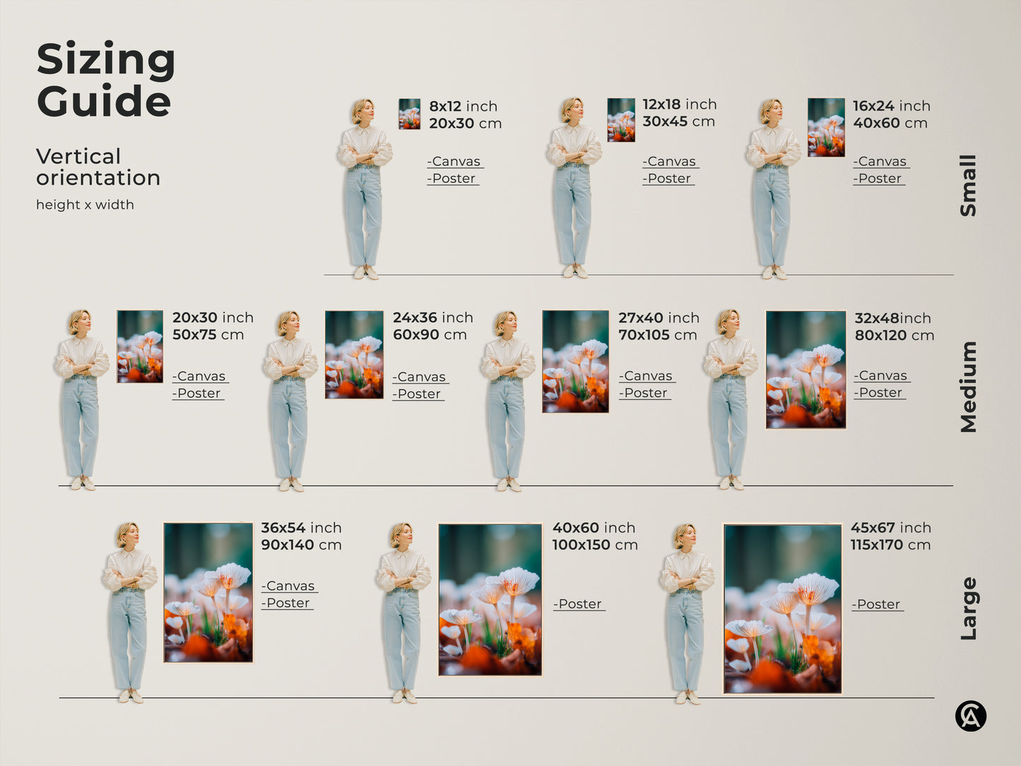 Mushroom art print sizing guide. Visualize different sizes of canvas and poster prints. Options include 8x12 to 45x67 inches. Find the ideal size to complement your wall decor. Vertical Orientation height x width.