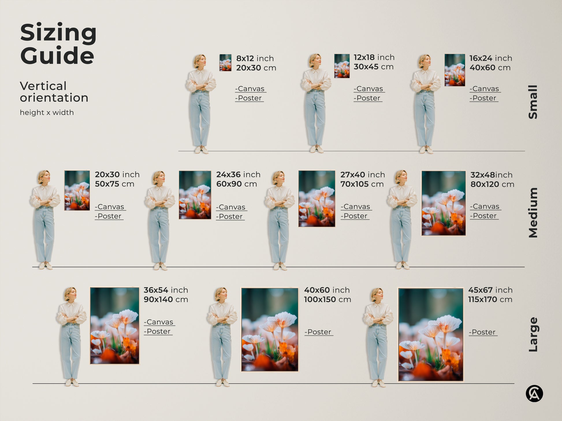 Mushroom art print sizing guide. Visualize different sizes of canvas and poster prints. Options include 8x12 to 45x67 inches. Find the ideal size to complement your wall decor. Vertical Orientation height x width.