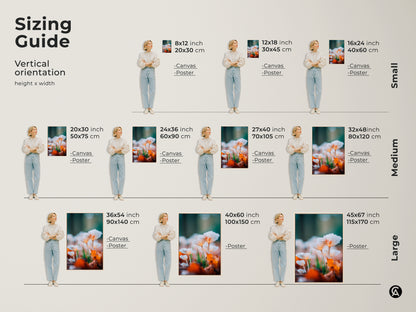 Mushroom art print sizing guide. Visualize different sizes of canvas and poster prints. Options include 8x12 to 45x67 inches. Find the ideal size to complement your wall decor. Vertical Orientation height x width.
