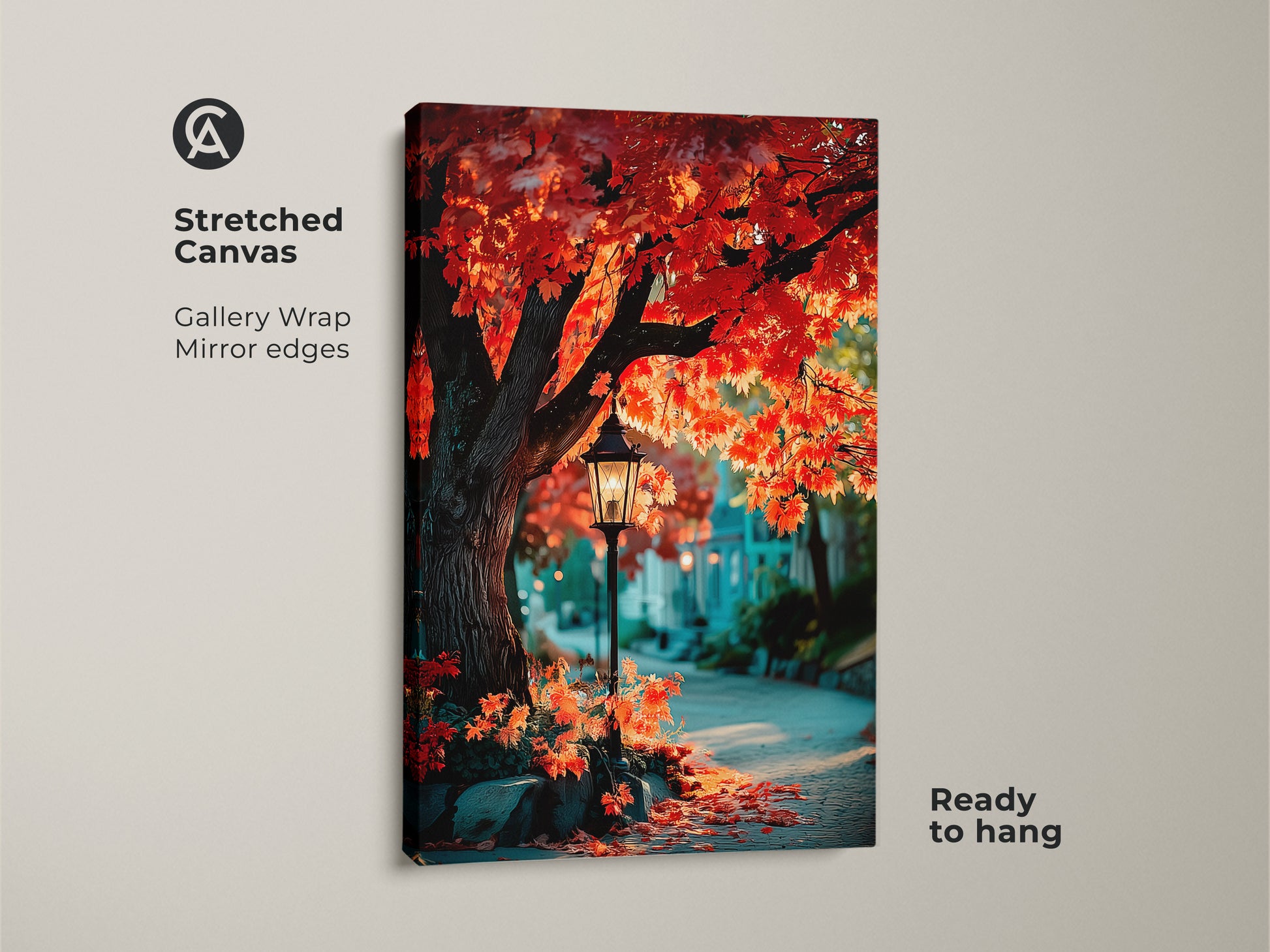 Transform your space with this stunning stretched canvas artwork. The gallery wrap features mirror edges for a seamless look. It showcases a beautiful autumn scene with a red maple tree and classic street lamp. This ready-to-hang canvas brings warmth and elegance to any room.