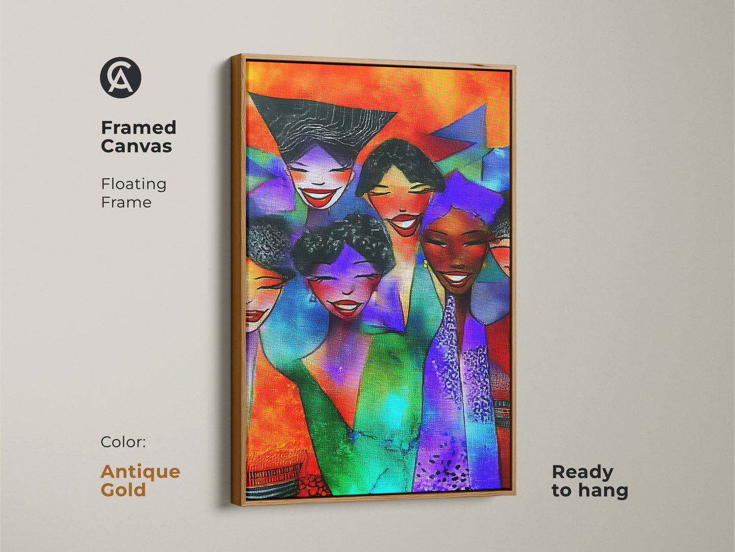 Framed Canvas featuring abstract faces wall art. This contemporary group portrait has an antique gold floating frame. The eclectic art is ready for housewarming gifting.