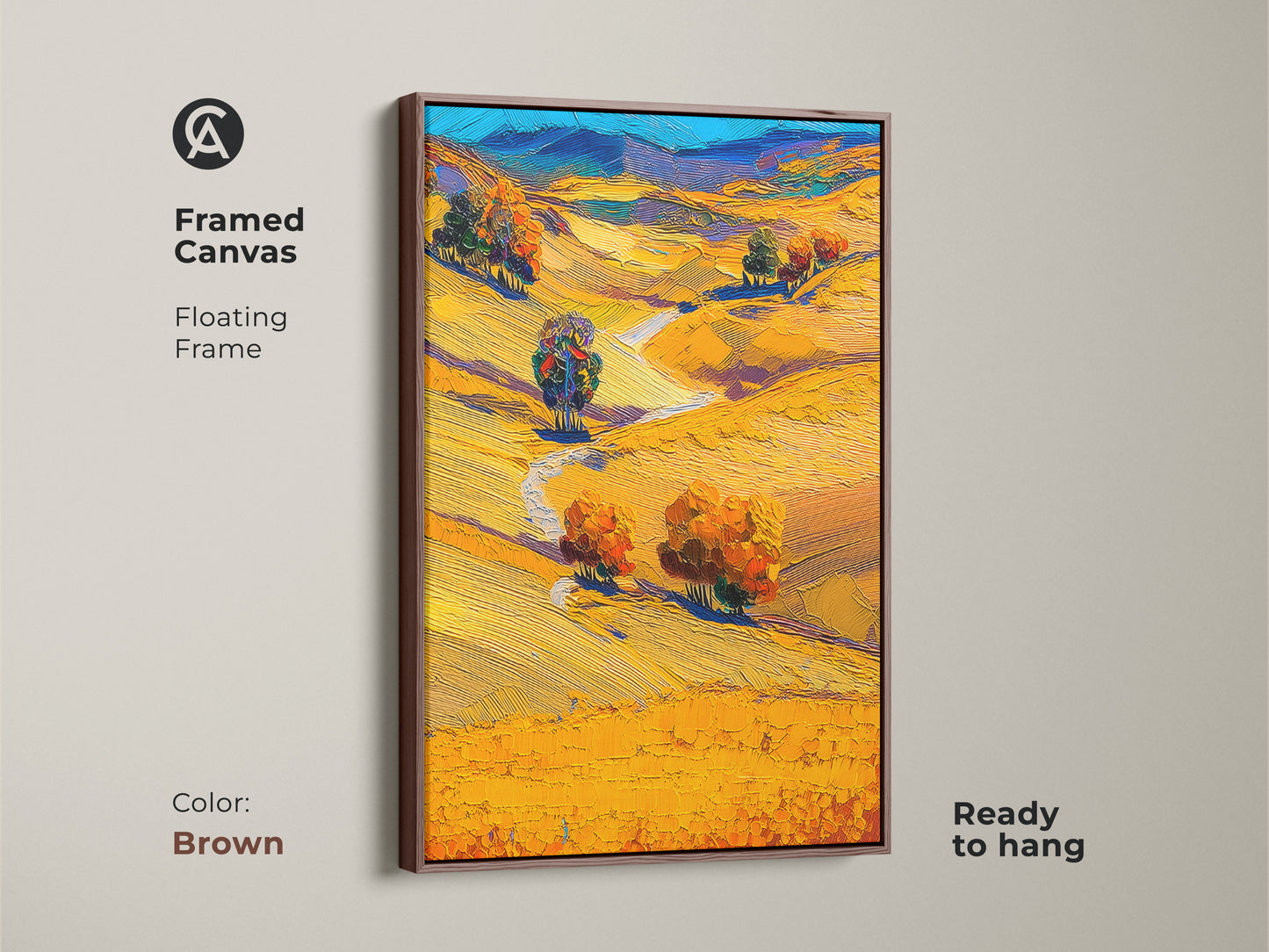 Framed Canvas with a brown floating frame showing autumn nature artwork. This golden yellow landscape captures rolling hills and trees art. Ideal as bedroom wall art. It has a contemporary style. It is a perfect housewarming gift for art lovers who appreciate modern impressionist art and scenic nature wall decor.