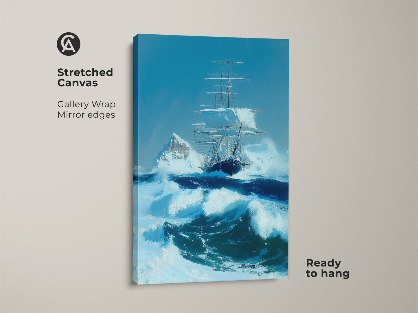 Stretched canvas featuring tall ship artwork in an ocean storm. See the nautical home decor print that highlights a maritime adventure. The iceberg seascape painting showcases a blue sailing ship. Turquoise ocean canvas art is ready to hang.