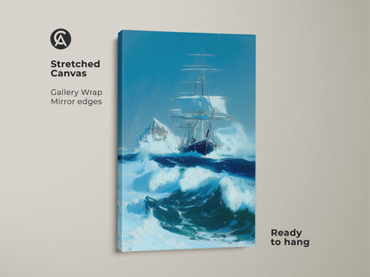 Stretched canvas featuring tall ship artwork in an ocean storm. See the nautical home decor print that highlights a maritime adventure. The iceberg seascape painting showcases a blue sailing ship. Turquoise ocean canvas art is ready to hang.