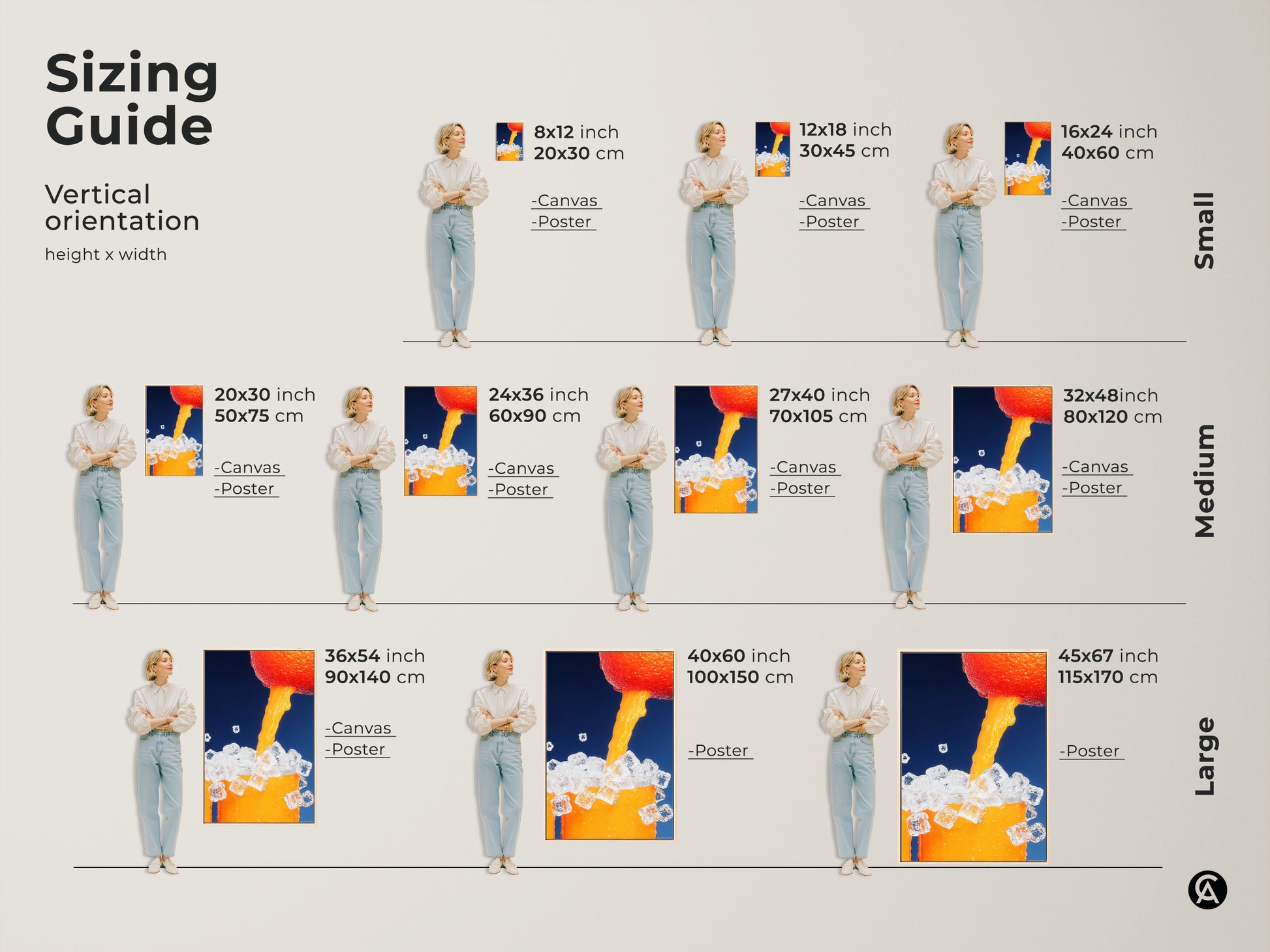 Sizing guide for abstract orange juice wall art. Visualize canvas and poster prints in various sizes. Find the perfect fit for your space from small to large. Enhance your home with contemporary kitchen decor.