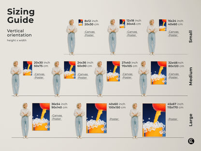 Sizing guide for abstract orange juice wall art. Visualize canvas and poster prints in various sizes. Find the perfect fit for your space from small to large. Enhance your home with contemporary kitchen decor.