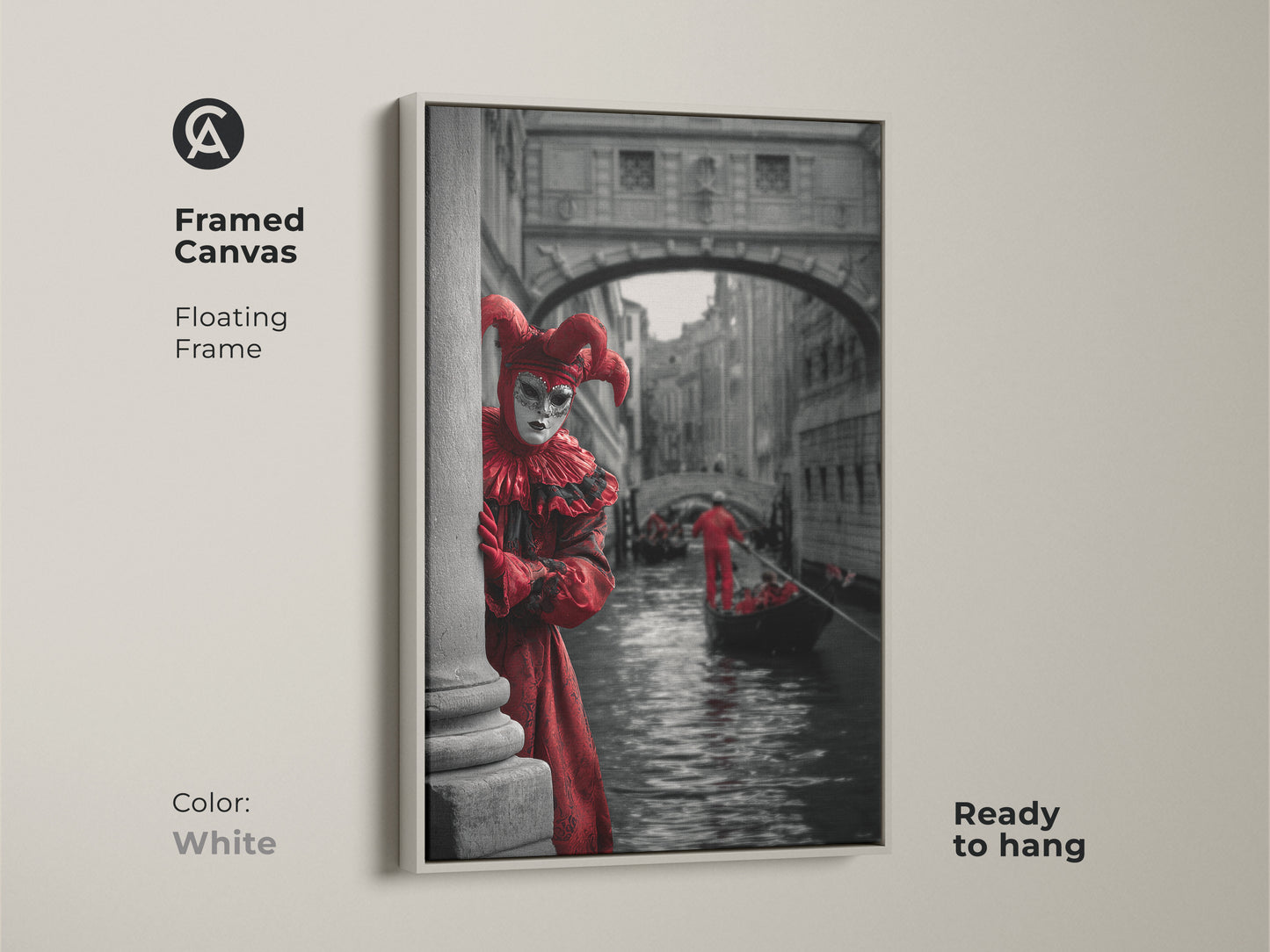 This Venice Carnival canvas print with a white floating frame showcases Red jester costume art. It is a theatrical wall art featuring a Gondola canal in Venice. Ready to hang masquerade ball artwork enhances eclectic home decor.