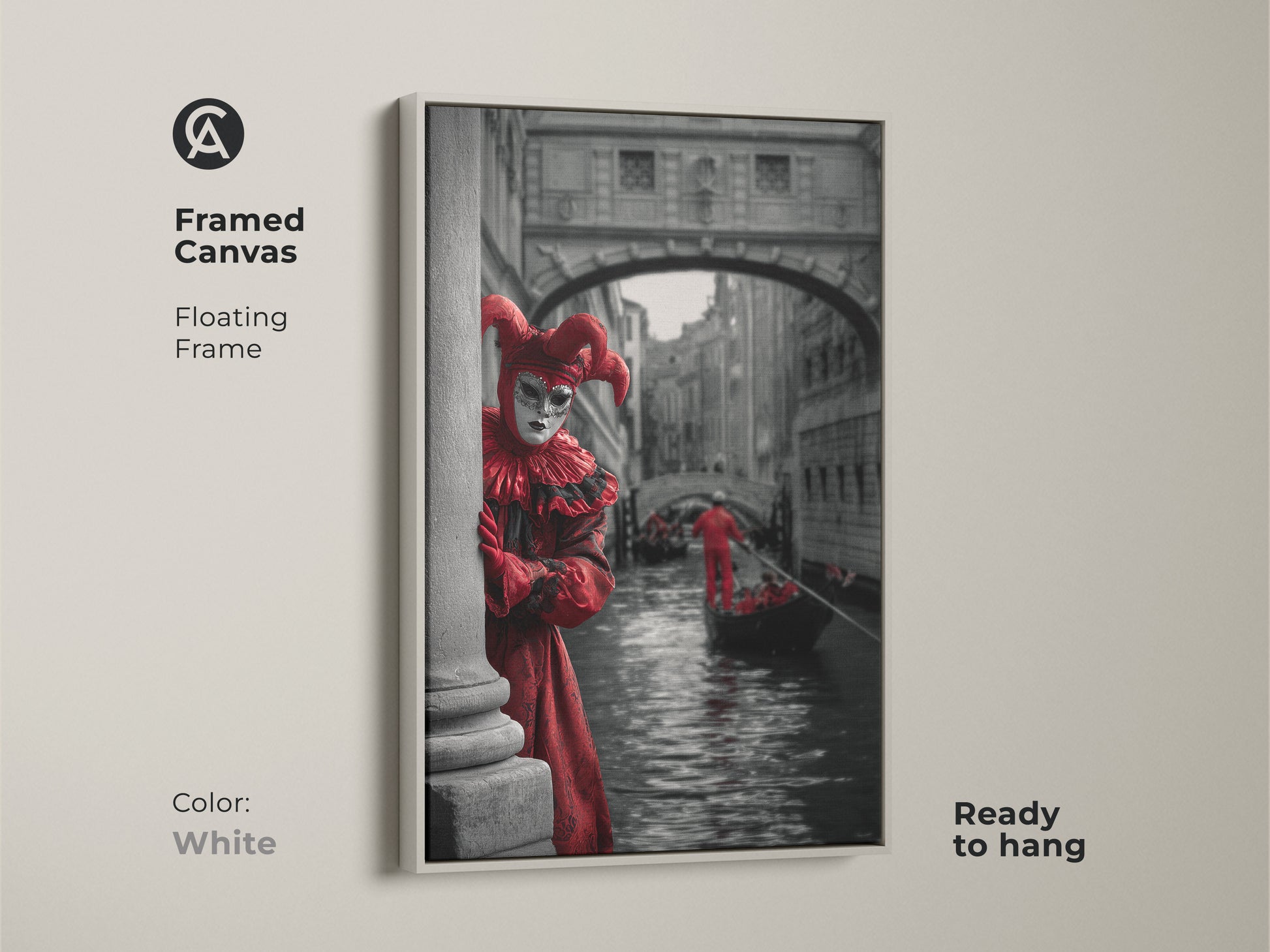 This Venice Carnival canvas print with a white floating frame showcases Red jester costume art. It is a theatrical wall art featuring a Gondola canal in Venice. Ready to hang masquerade ball artwork enhances eclectic home decor.