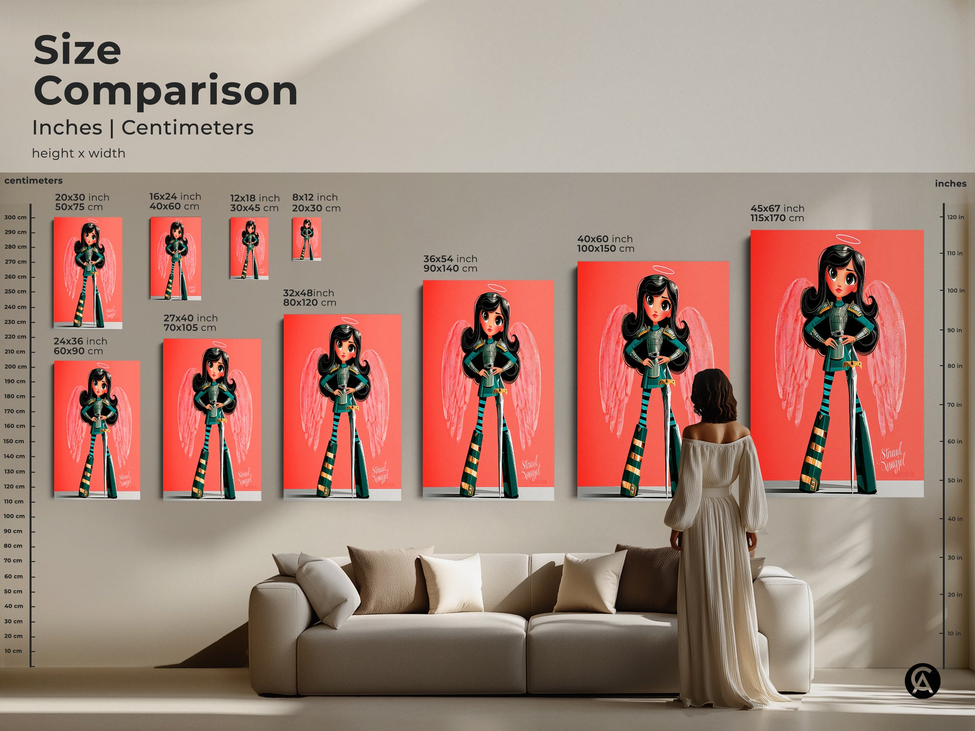 Size comparison of the angel warrior canvas print. It highlights various sizes for the modern cartoon angel girl art. Perfect as kids birthday gift art for an eclectic space. Great bedroom wall art.