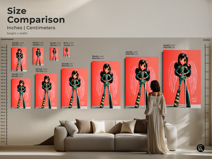 Size comparison of the angel warrior canvas print. It highlights various sizes for the modern cartoon angel girl art. Perfect as kids birthday gift art for an eclectic space. Great bedroom wall art.
