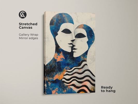Framed canvas close up showcasing the abstract couple artwork. The blue abstract canvas and white abstract wall art blend seamlessly. Notice the striped pattern on one figure. This piece enhances any eclectic bedroom decor with its modern style.