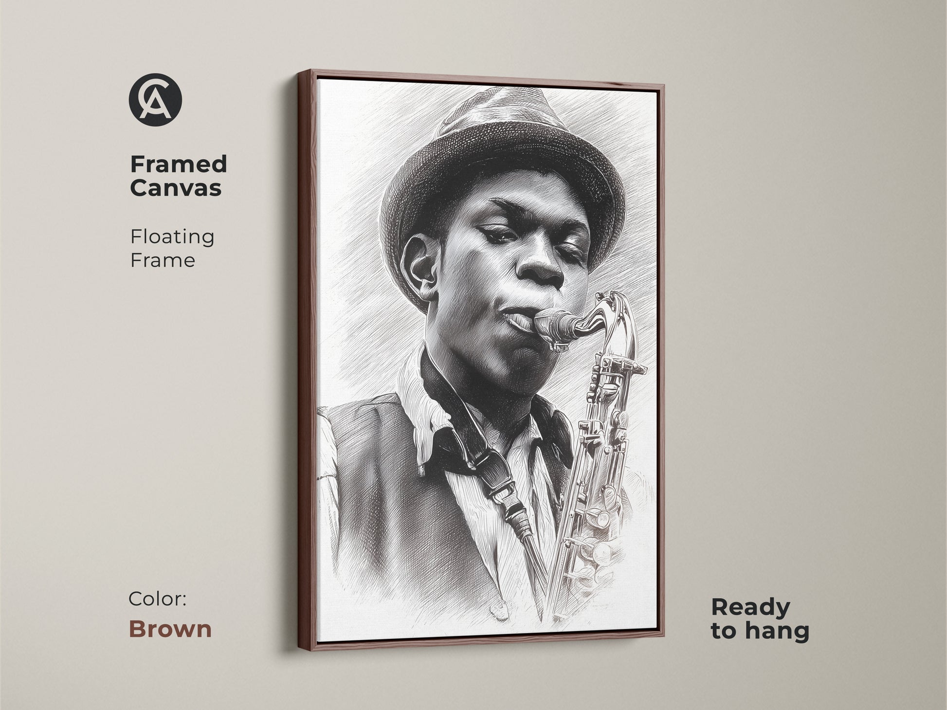 Framed canvas featuring a pencil artwork of a jazz musician with his saxophone. The brown floating frame complements the artwork. This piece is ready to hang and adds warmth to any space. Perfect for jazz enthusiasts who want a touch of musical elegance.