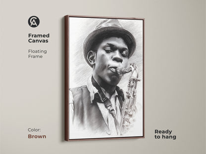 Framed canvas featuring a pencil artwork of a jazz musician with his saxophone. The brown floating frame complements the artwork. This piece is ready to hang and adds warmth to any space. Perfect for jazz enthusiasts who want a touch of musical elegance.