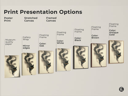 Explore print presentation options for this smoky black cat artwork. Choose from poster prints stretched canvas and framed canvas. Customize your cat art with various frame colors and styles.