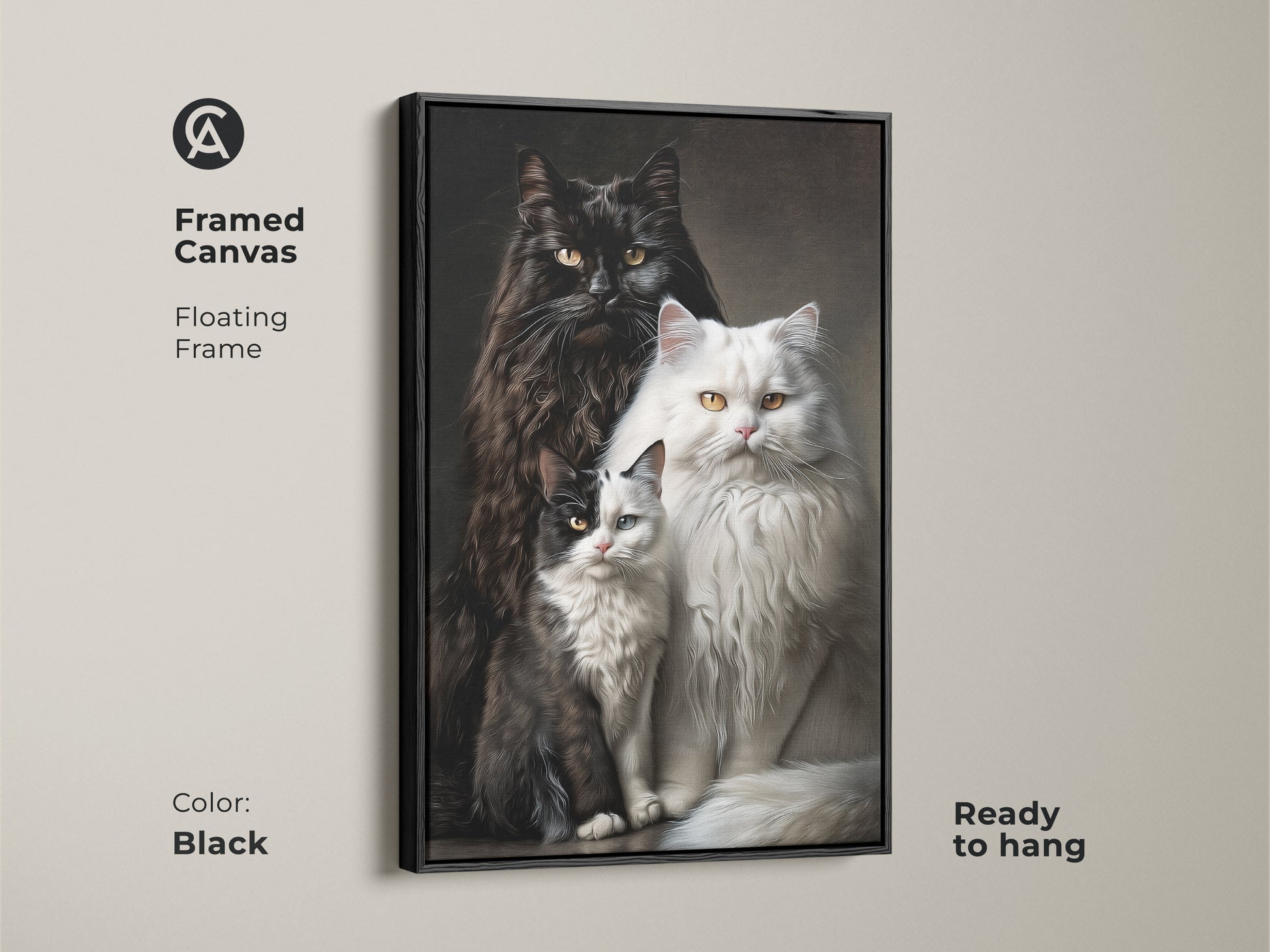 A black framed canvas with a floating frame displays cat art. The ready to hang artwork features a fluffy black cat a fluffy white cat and a black and white kitten. This animal art is perfect for cat lovers.