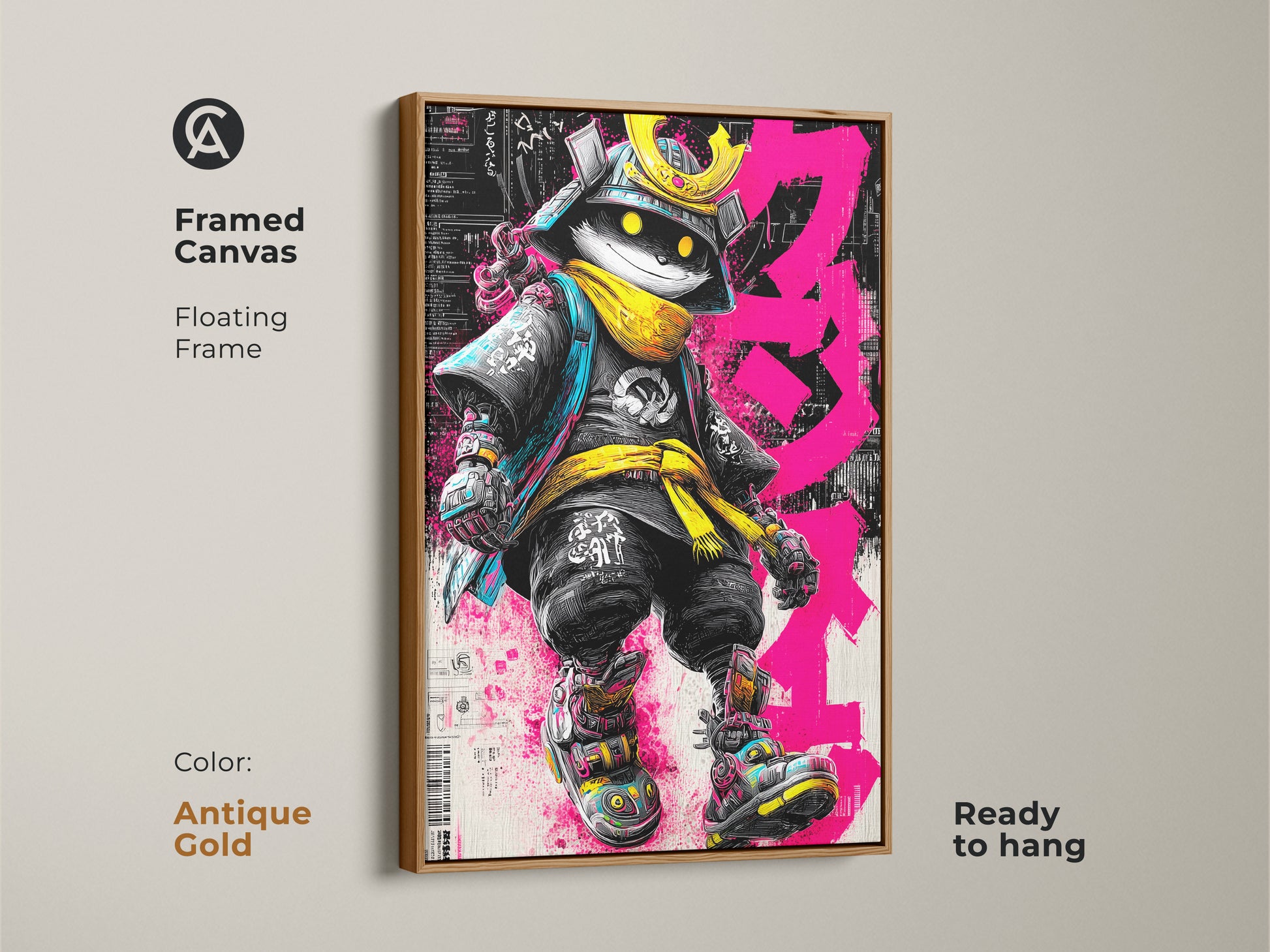 Framed canvas of Samurai Cat artwork with an antique gold floating frame. The artwork features a cat dressed as a samurai warrior. The cat wears a golden helmet and yellow scarf. The art is ready to hang. The antique gold frame adds a vintage touch.
