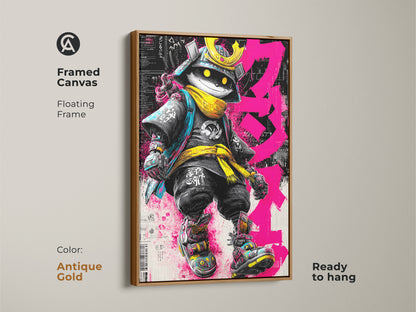 Framed canvas of Samurai Cat artwork with an antique gold floating frame. The artwork features a cat dressed as a samurai warrior. The cat wears a golden helmet and yellow scarf. The art is ready to hang. The antique gold frame adds a vintage touch.