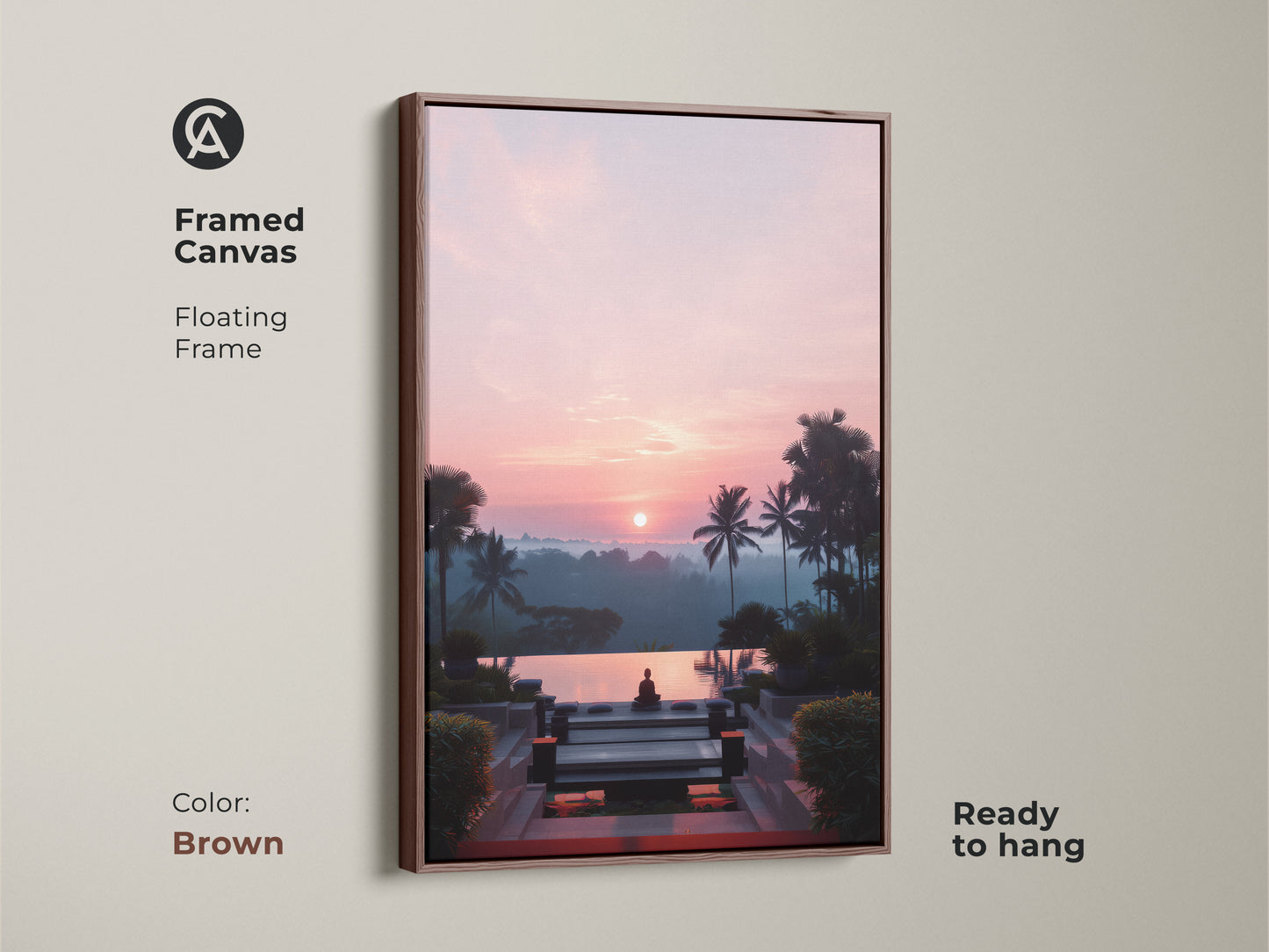 Framed canvas art featuring a Zen Buddha statue by an infinity pool. This tropical artwork has a brown floating frame and is ready to hang. The pink and orange sunset landscape adds a warm touch to any room. Ideal for yoga and meditation decor. A peaceful art piece.