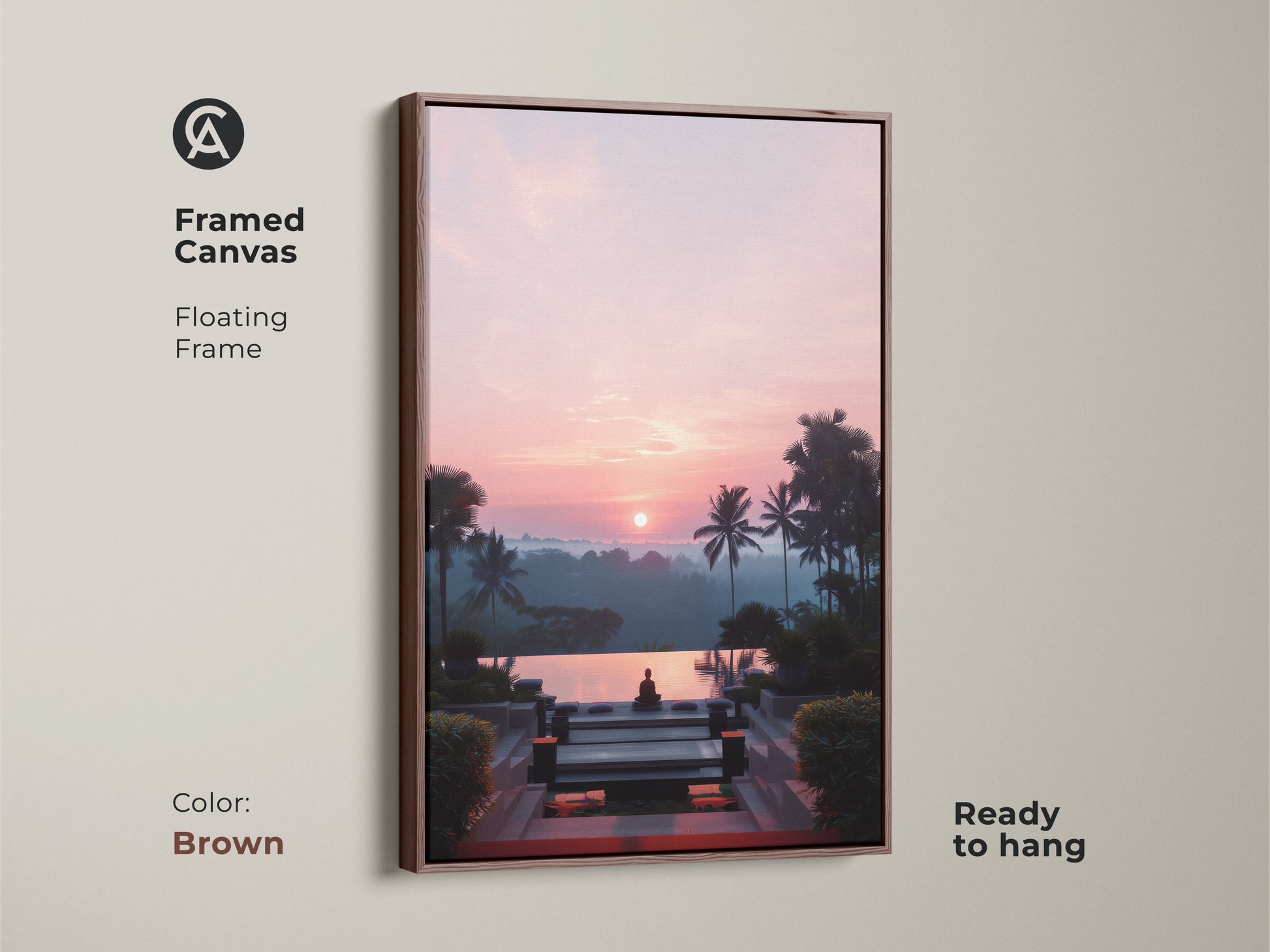 Framed canvas art featuring a Zen Buddha statue by an infinity pool. This tropical artwork has a brown floating frame and is ready to hang. The pink and orange sunset landscape adds a warm touch to any room. Ideal for yoga and meditation decor. A peaceful art piece.