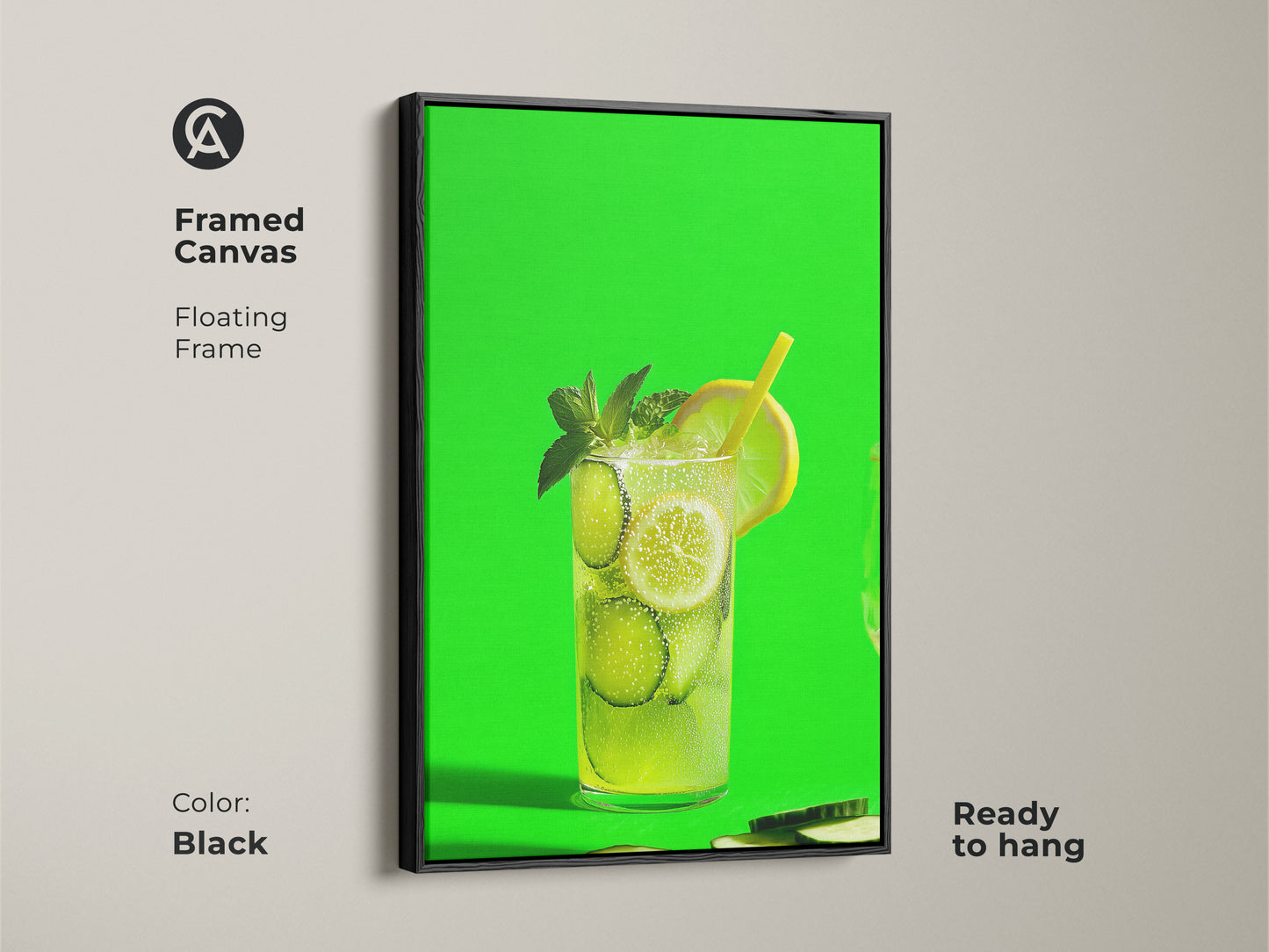 Framed canvas with a black floating frame displaying a lime green cucumber lemonade. This modern beverage art is ready to hang. A great piece of contemporary drink art for a home bar. It adds a splash of color to your kitchen.