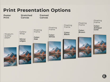 Display of various print presentation options for a mountain landscape artwork. Options include poster prints stretched canvas and framed canvas. The gallery wrap mirror edges and floating frame enhance the rustic nature art. Colors range from oak white black to antique gold for a versatile home decor.