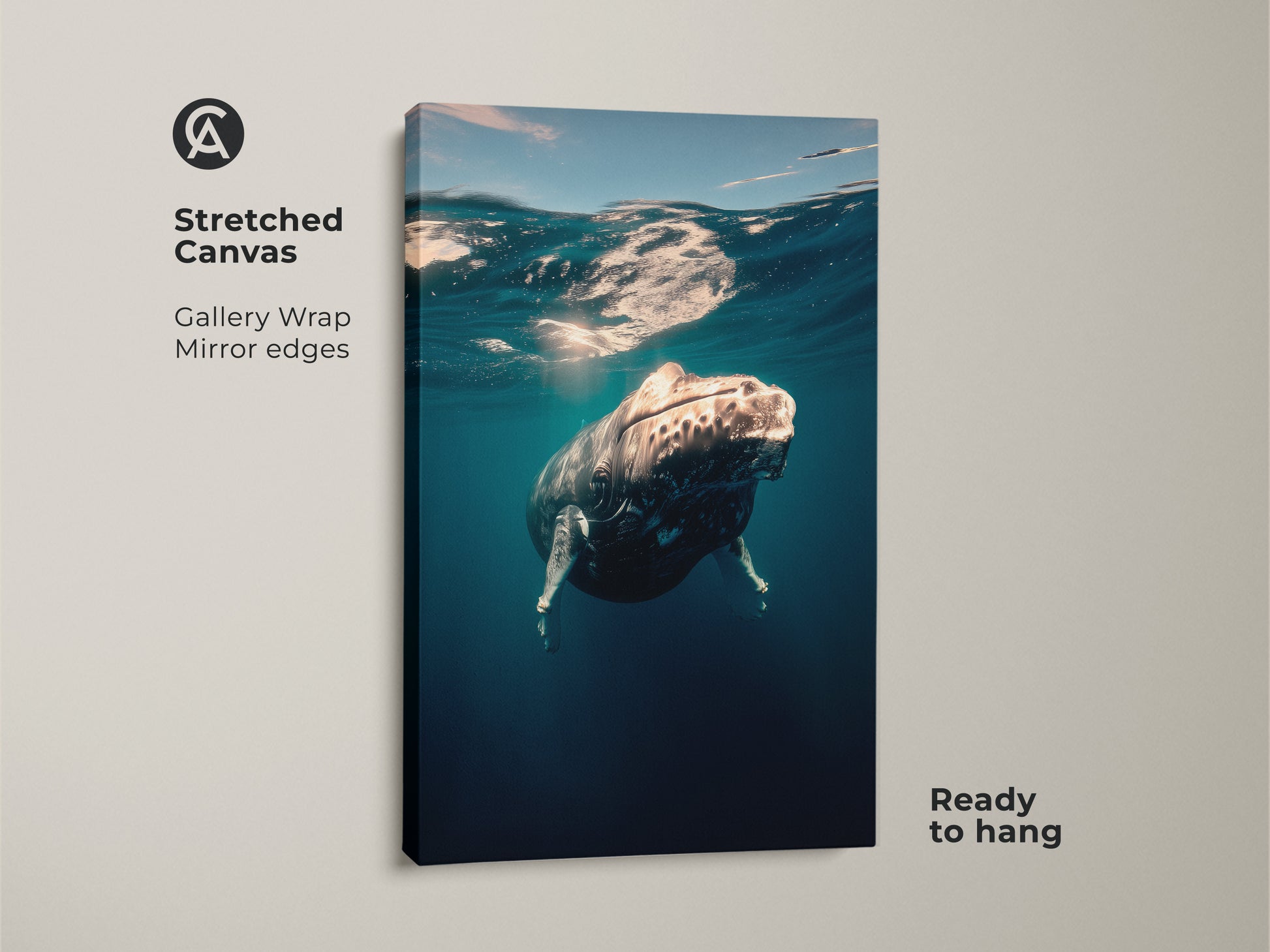 Stretched canvas art shows a humpback whale underwater. The gallery wrap has mirror edges. Ready to hang this coastal blue wall art. Nautical bedroom decor for ocean lovers. This marine life photography is perfect for a beach house.