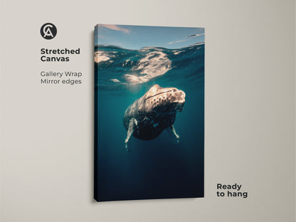 Stretched canvas art shows a humpback whale underwater. The gallery wrap has mirror edges. Ready to hang this coastal blue wall art. Nautical bedroom decor for ocean lovers. This marine life photography is perfect for a beach house.
