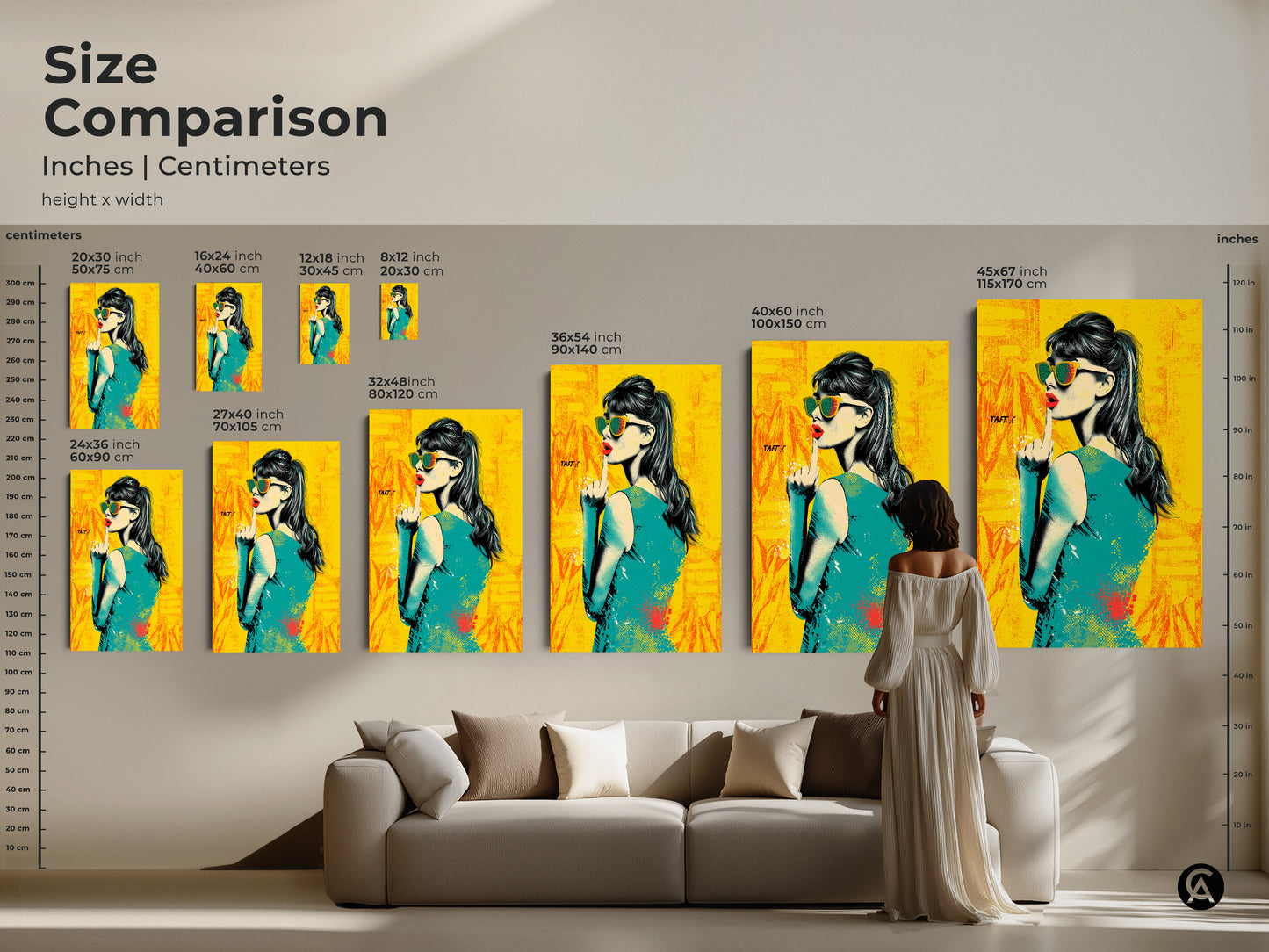 Size comparison of a pop art woman portrait. See how the artwork looks in various sizes. The print is available in inches and centimeters. This canvas art is perfect for adding color to any room. It is a statement piece for eclectic homes.