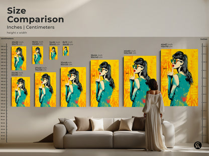 Size comparison of a pop art woman portrait. See how the artwork looks in various sizes. The print is available in inches and centimeters. This canvas art is perfect for adding color to any room. It is a statement piece for eclectic homes.