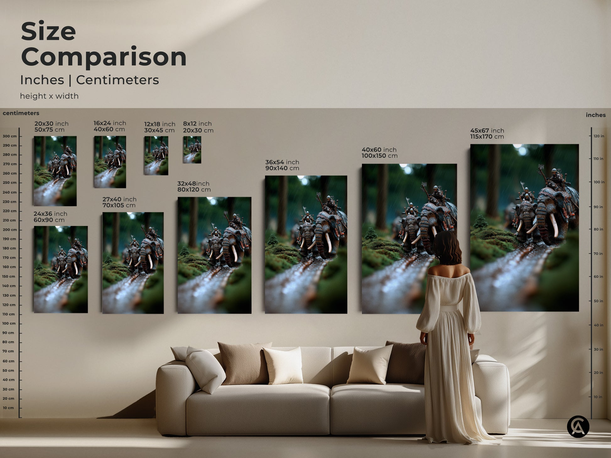 Size comparison of elephant warrior art prints. See how this fantasy battle scene artwork fits in different room settings. From small prints to large statement pieces this moss green and earthy brown artwork will transform your space. Perfect for eclectic home decor.