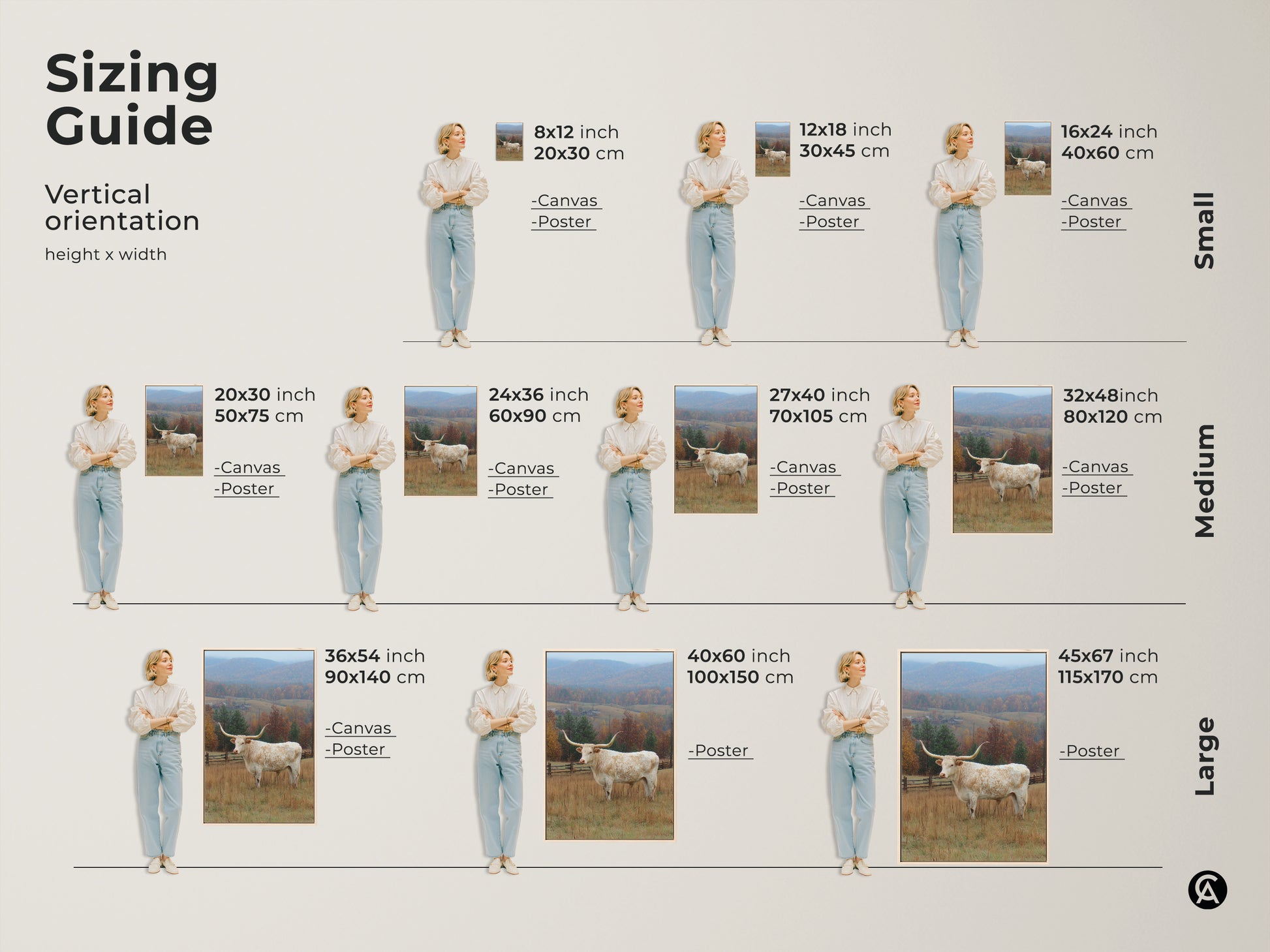 Sizing guide for vertical Longhorn art prints. Available in small medium and large sizes. Options include canvas and poster prints. Find the perfect size to fit your space. Enhance your decor with this striking Longhorn artwork.