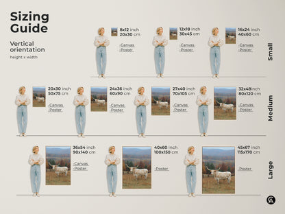 Sizing guide for vertical Longhorn art prints. Available in small medium and large sizes. Options include canvas and poster prints. Find the perfect size to fit your space. Enhance your decor with this striking Longhorn artwork.