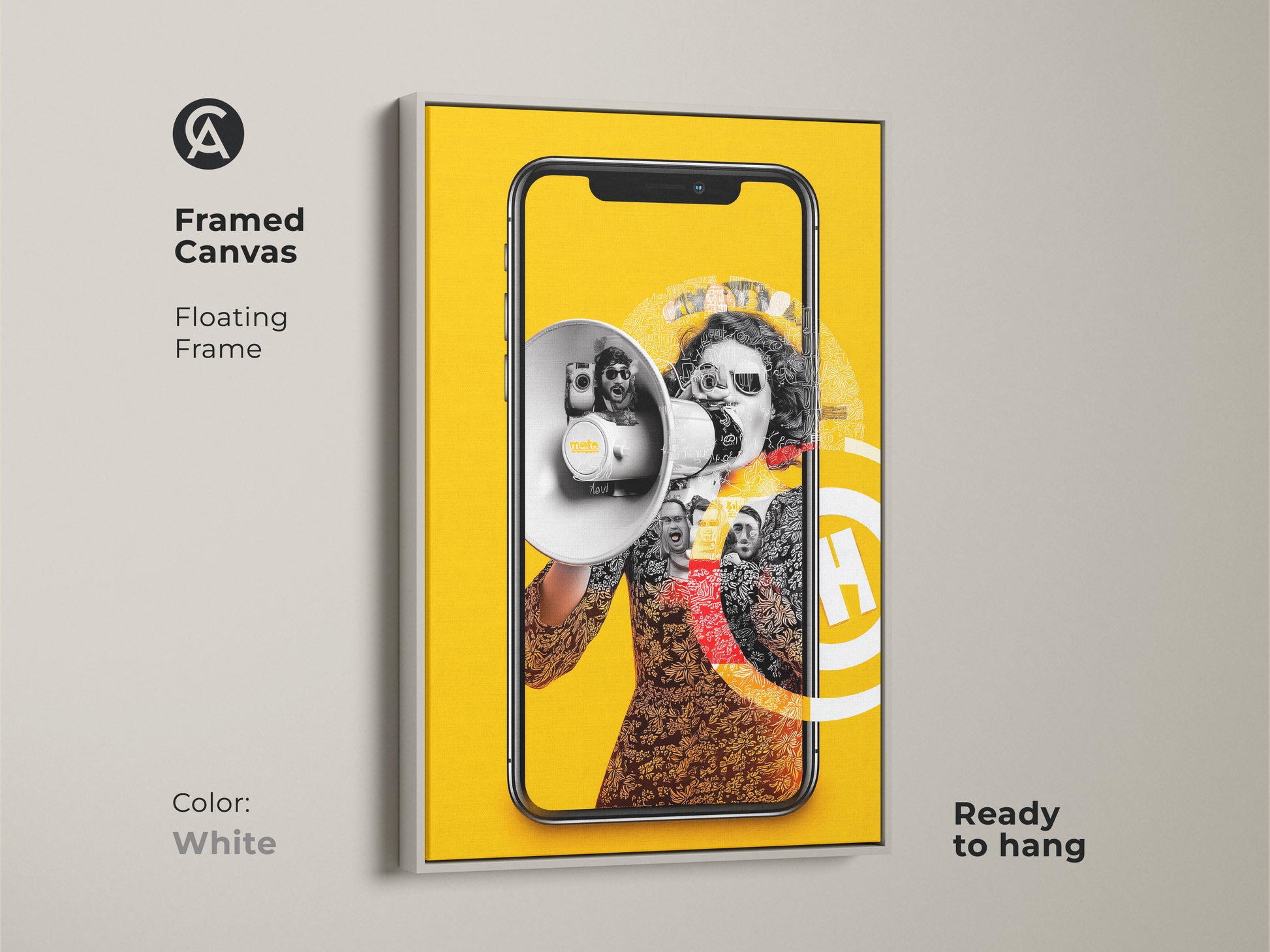 Framed canvas displays a surrealist collage inside a white floating frame. The artwork includes a megaphone and smartphone. This pop culture print is ready to hang adding an eclectic modern touch to your office or home decor. Perfect gift for art lovers.
