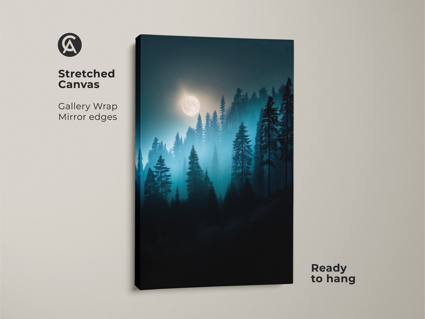 Stretched canvas art featuring a moonlit forest. The deep blue and teal pine trees offer a calming nature landscape. Ready to hang gallery wrap artwork with mirror edges.