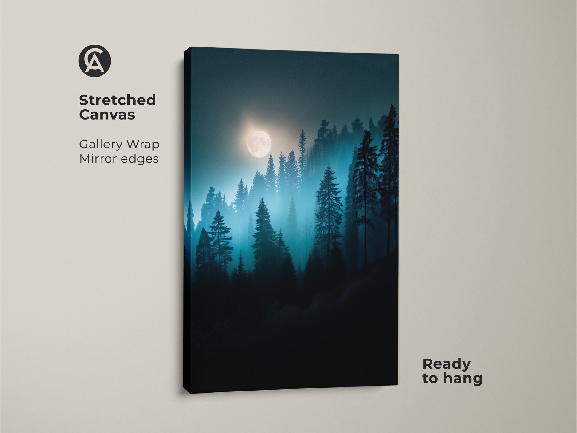 Stretched canvas art featuring a moonlit forest. The deep blue and teal pine trees offer a calming nature landscape. Ready to hang gallery wrap artwork with mirror edges.