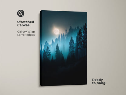 Stretched canvas art featuring a moonlit forest. The deep blue and teal pine trees offer a calming nature landscape. Ready to hang gallery wrap artwork with mirror edges.