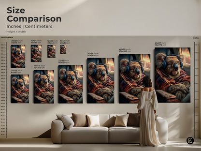 Size comparison of this cozy koala art print in inches and centimeters. This print transforms any room. The unique animal art is perfect for home offices and bedrooms. Gift travel enthusiasts with this fun artwork today