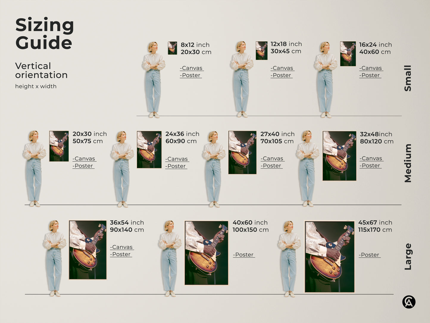 Sizing guide showcasing the vertical orientation of the vintage guitarist canvas and poster prints. Available in small medium and large sizes. Perfect retro music art for any space. An ideal eclectic home decor gift.