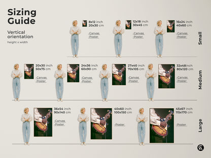 Sizing guide showcasing the vertical orientation of the vintage guitarist canvas and poster prints. Available in small medium and large sizes. Perfect retro music art for any space. An ideal eclectic home decor gift.