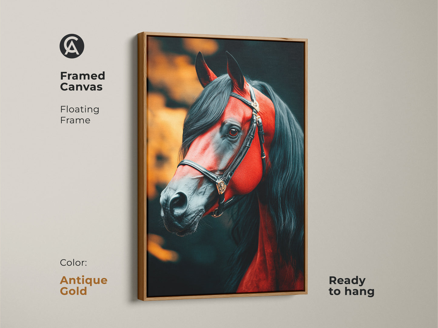 Framed canvas displaying crimson red horse artwork. It has an antique gold floating frame showcasing intense animal artwork. Ready to hang and perfect as a study decor gift. The photorealistic style captures the horse's dramatic equestrian flair.