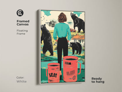 This framed canvas showcases a floating frame in white. The eclectic wall art print features a surreal bear and coffee mug poster. Add a touch of retro style with this teal and orange decor. Its a unique housewarming gift idea for coffee lovers.