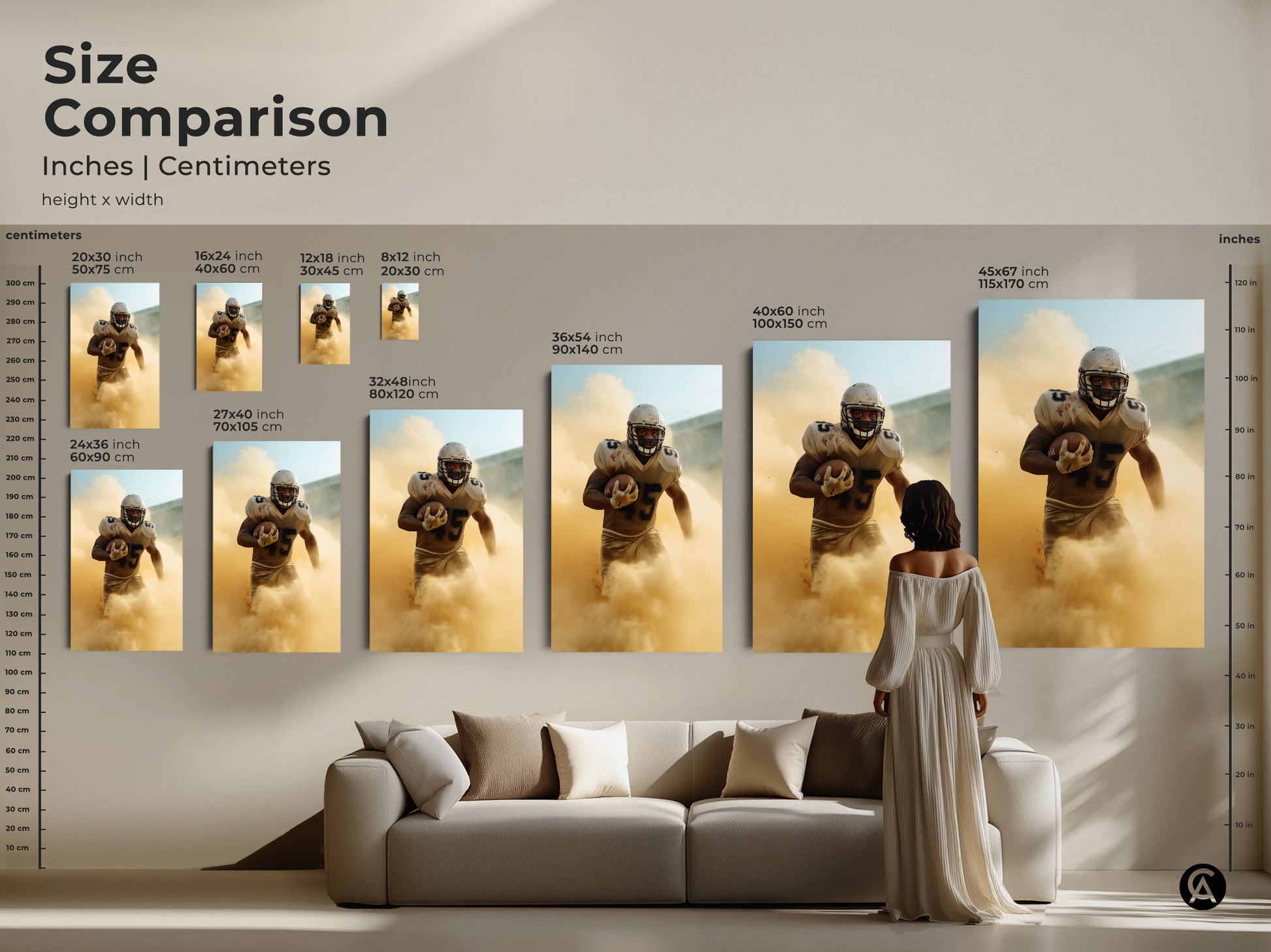 Compare sizes of this football player canvas art with this size comparison chart. See how the modern sports artwork looks in inches and centimeters. Visualize the dynamic art in different scales to find the perfect piece for your living room or office.