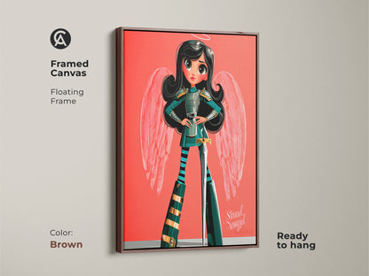 This framed canvas displays the pink teal fantasy art. It features a floating frame in brown color. This children's room artwork is ready to hang. Perfect as angel girl warrior wall art.