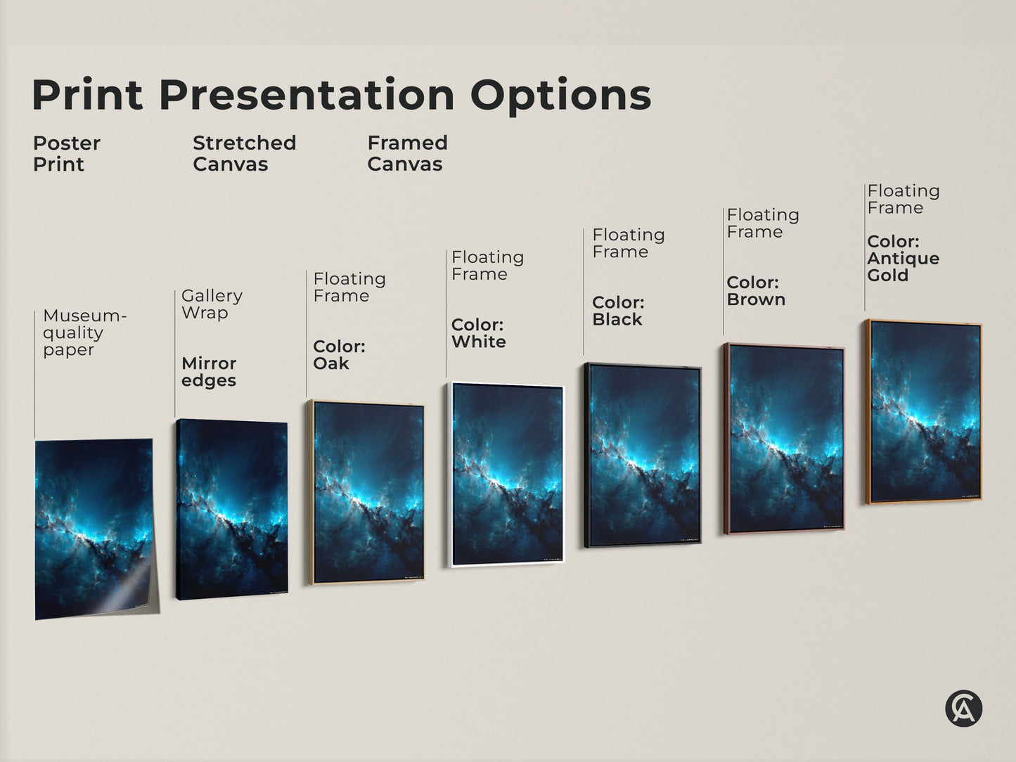 Explore print presentation options for nebula artwork. Choose from poster prints stretched canvas and framed canvas. Customize your museum-quality space art with various floating frame colors. Find the perfect style.