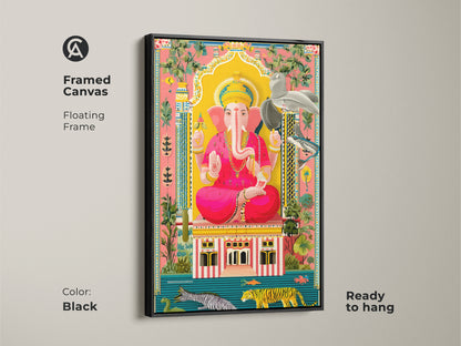 This framed canvas presents Ganesha artwork in a floating black frame. It's ready to hang. This mythology art print enhances your entry hall. The eclectic home decor features vibrant colors. This Indian folk art print provides a spiritual focus. A unique gift for her.