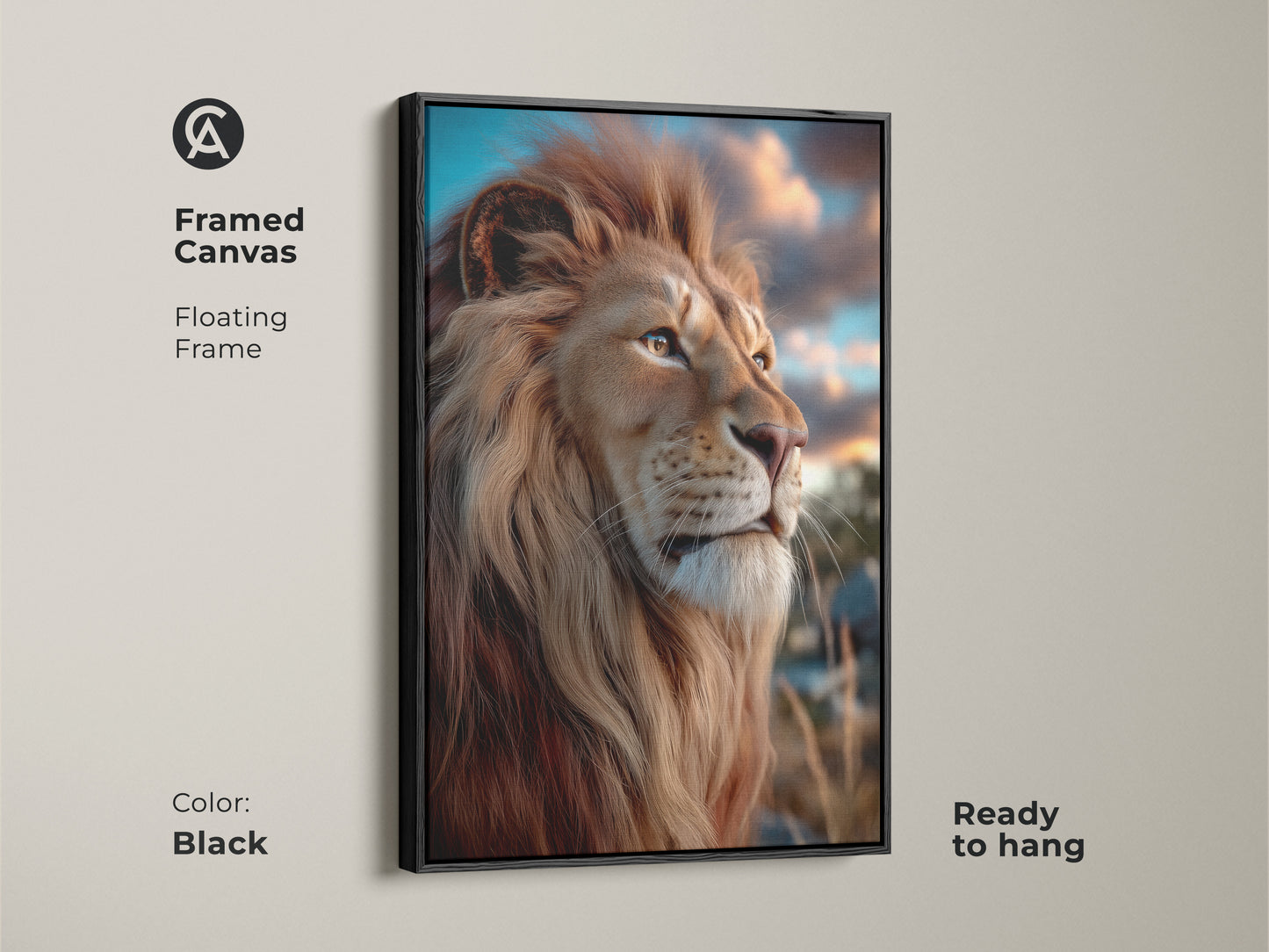 Framed photorealistic lion canvas art is ready to hang. A golden brown wildlife print in a black floating frame for eclectic bedroom decor. This savanna animal artwork enhances any space. The lion face wall hanging brings a touch of nature. Perfect for home decoration.