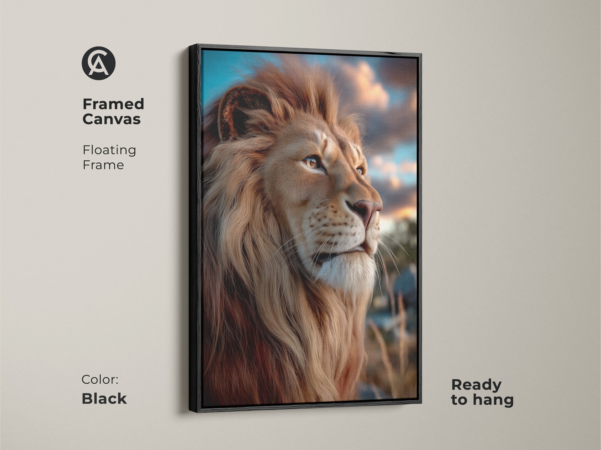 Framed photorealistic lion canvas art is ready to hang. A golden brown wildlife print in a black floating frame for eclectic bedroom decor. This savanna animal artwork enhances any space. The lion face wall hanging brings a touch of nature. Perfect for home decoration.