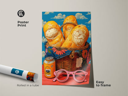 Poster print showcases a pop art bread basket. Featuring a retro jam jar and pink sunglasses this piece is eclectic. With yellow blue orange colors this still life artwork brings retro vibes. An easy-to-frame housewarming gift for bakers wanting unique kitchen wall art.