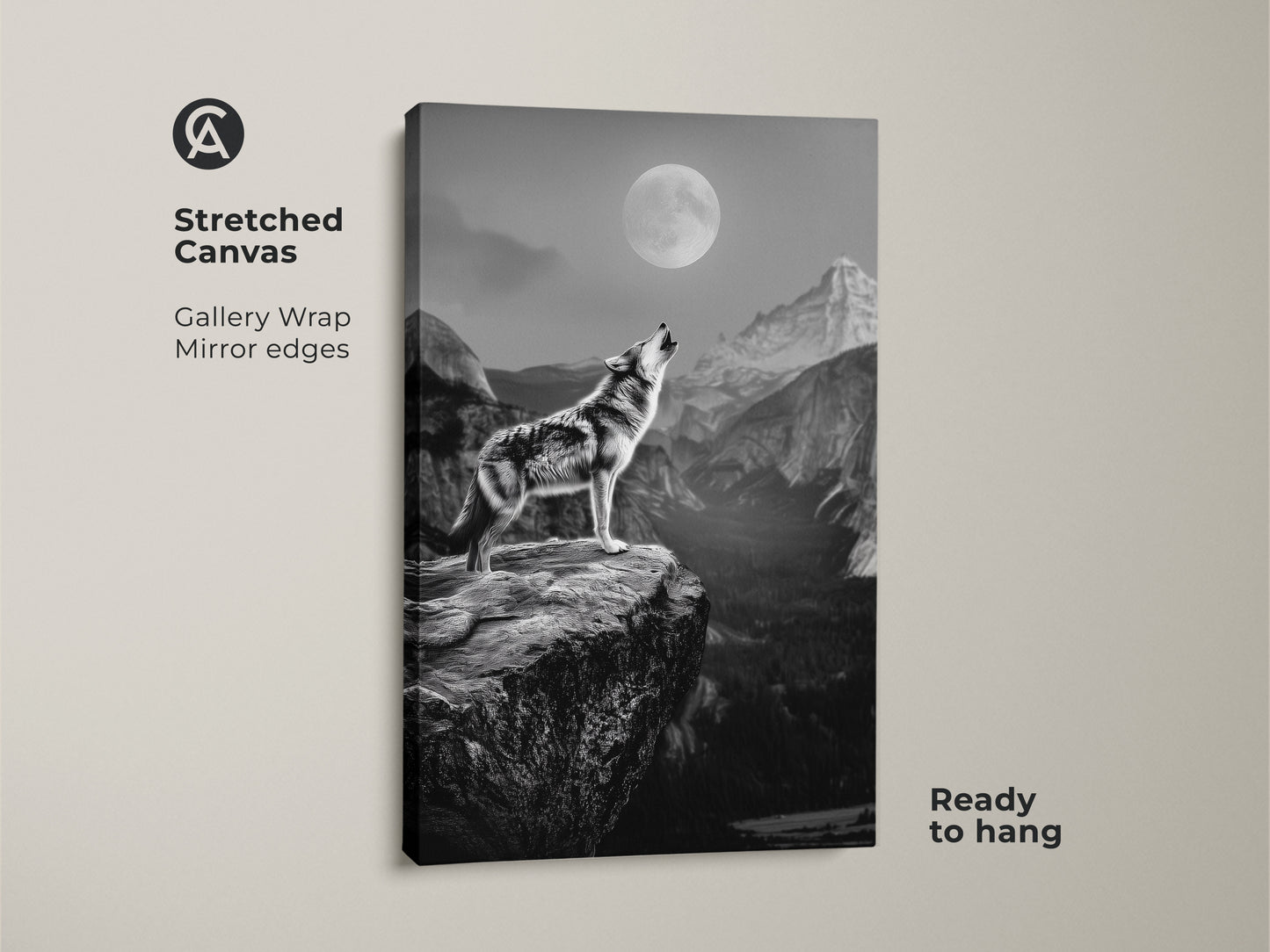 Monochrome wolf canvas art featuring a lone wolf howling at the moon. This stretched canvas with gallery wrap and mirror edges is ready to hang. It showcases a rustic wildlife wall art perfect for wolf lovers. The animal landscape print brings nature indoors. Add this rugged landscape art to your coastal rustic decor.
